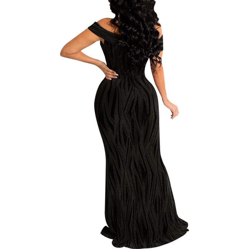 Black Shiner V-Neck Fishtail Evening Dress TQK311174-2