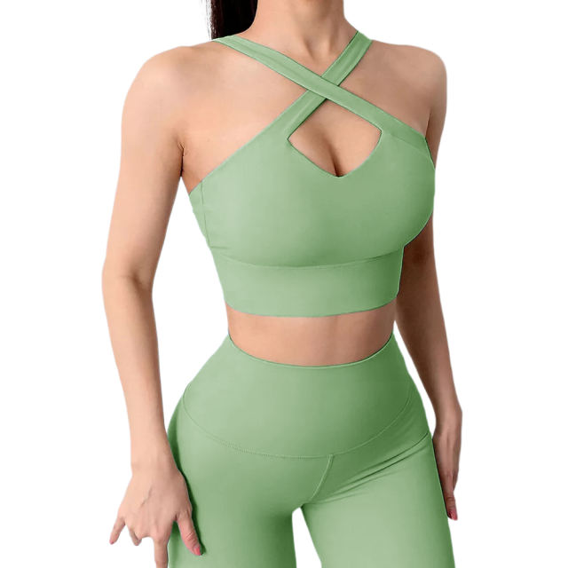 Green Cross Shoulder Bra with Pant Yoga Set TQE91344-9