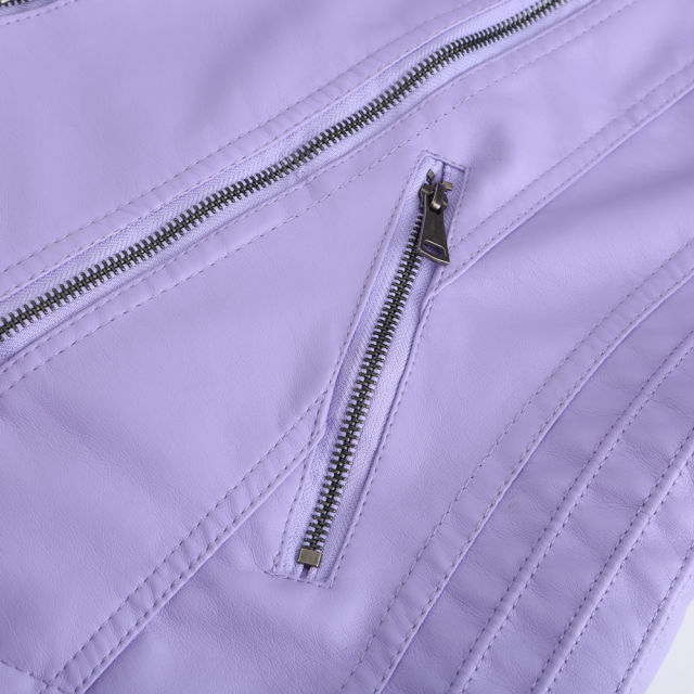 Light Purple Zipper Slim Fit Motorcycle PU Leather Jacket TQK280090-38