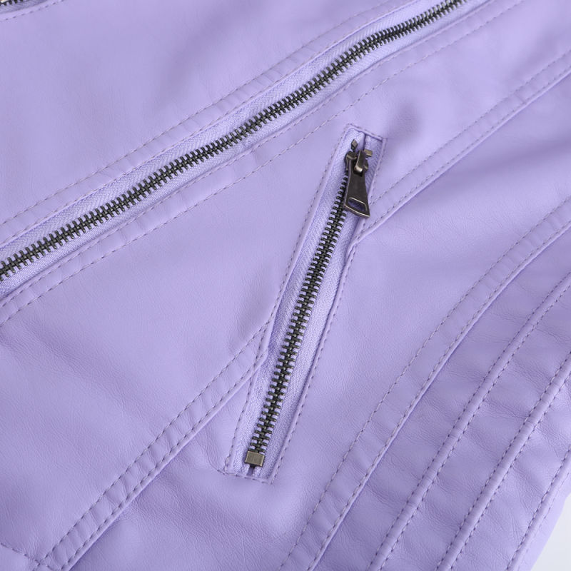Light Purple Zipper Slim Fit Motorcycle PU Leather Jacket TQK280090-38