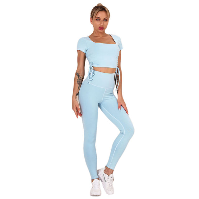 Light Blue Sides Drawstring Short Sleeve Yoga Pant Set TQK710243-30