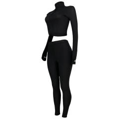Black Cotton Blend Zipper Datail Long Sleeve Top with Pant Set TQK710132-2