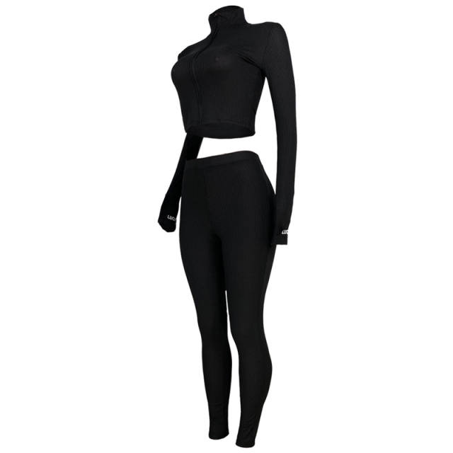 Black Cotton Blend Zipper Datail Long Sleeve Top with Pant Set TQK710132-2