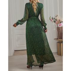 Green Sequin V Neck High Split Maxi Dress TQK311352-9