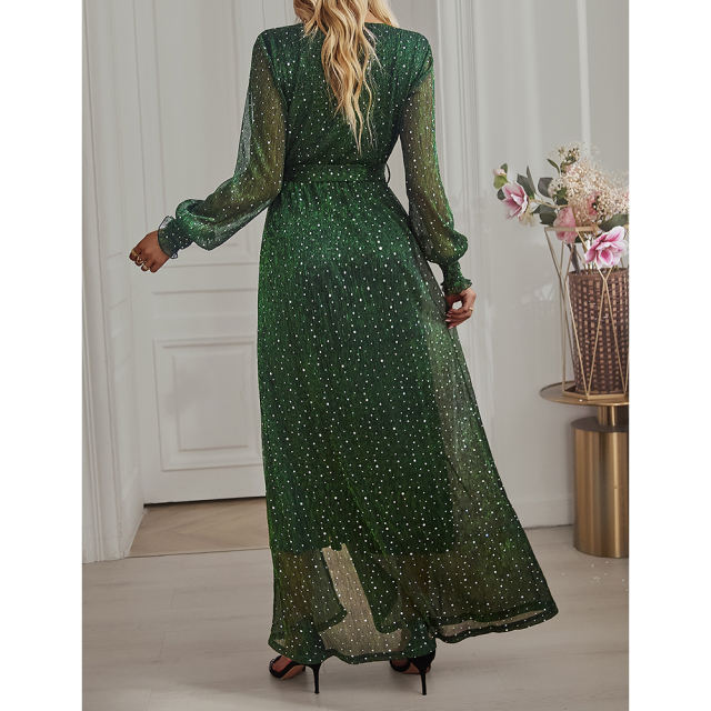 Green Sequin V Neck High Split Maxi Dress TQK311352-9