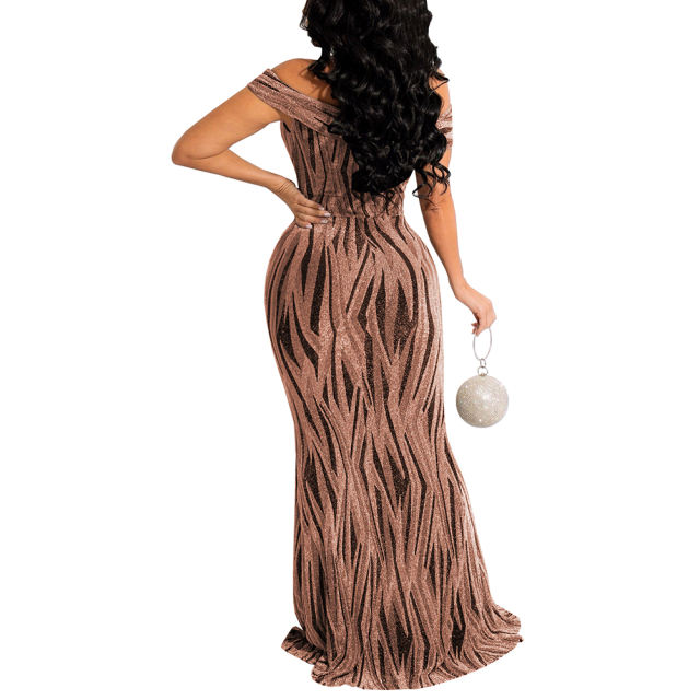 Champagne Shiner V-Neck Fishtail Evening Dress TQK311174-53