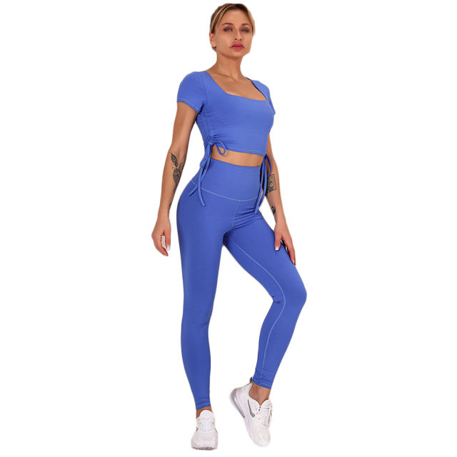 Blue Sides Drawstring Short Sleeve Yoga Pant Set TQK710243-5