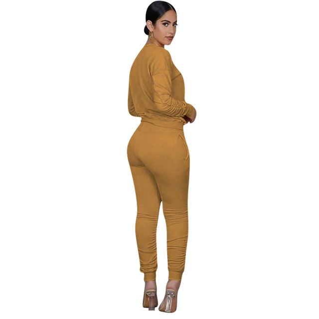 Brown Cotton Blend Sweatshirt Joggers Loungewear Set TQK710133-17