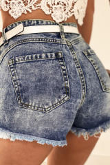 Lace Rhinestone Decor Frayed Hem Denim Shorts LC781175-4