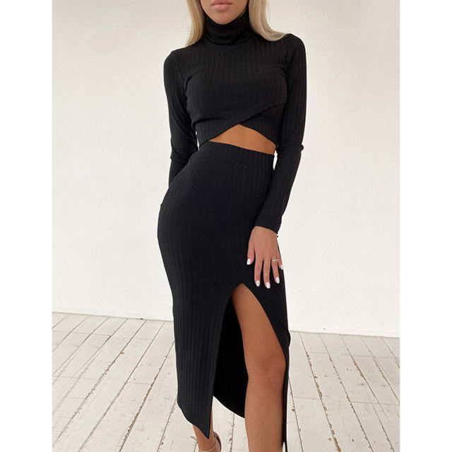Black Turtleneck Crop Top with Slit Skirt 2pcs Set TQF711032-2