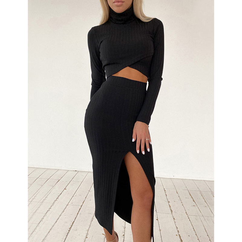 Black Turtleneck Crop Top with Slit Skirt 2pcs Set TQF711032-2