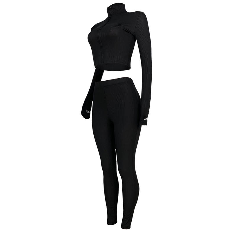Black Cotton Blend Zipper Datail Long Sleeve Top with Pant Set TQK710132-2