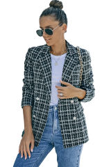 Black Lapel Collar Plaid Tweed Double Breasted Blazer LC852400-2