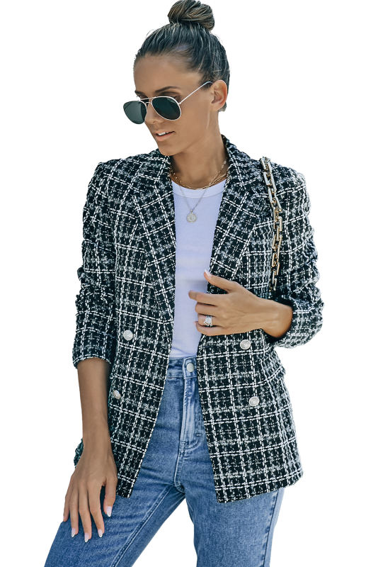 Black Lapel Collar Plaid Tweed Double Breasted Blazer LC852400-2