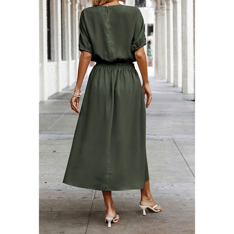 Army Green Pleated Crop Top with Skirt Set TQX711094-27