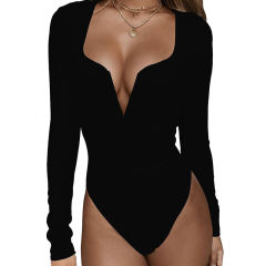 Black Deep V Long Sleeve Bodysuit TQK550156-2