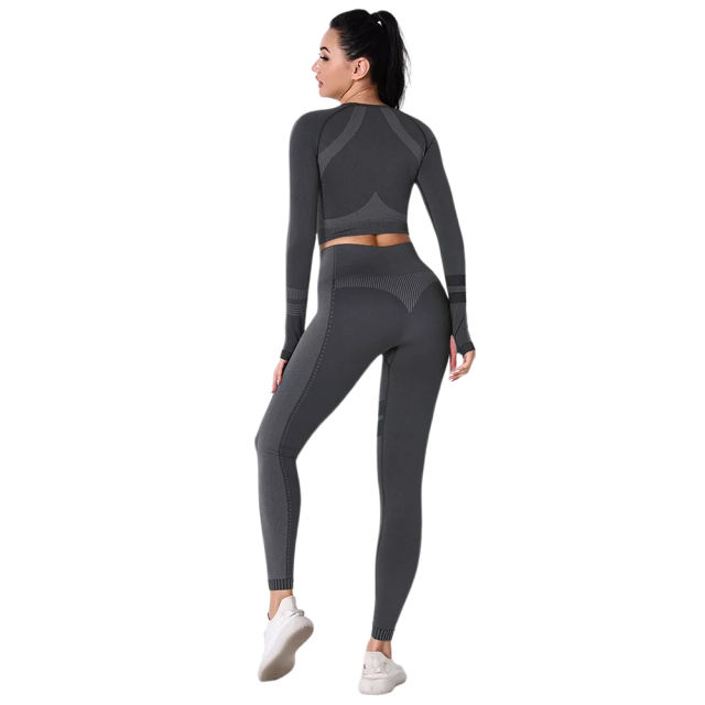 Black Seamless Knit Long Sleeve Pant Yoga Set TQE91372-2
