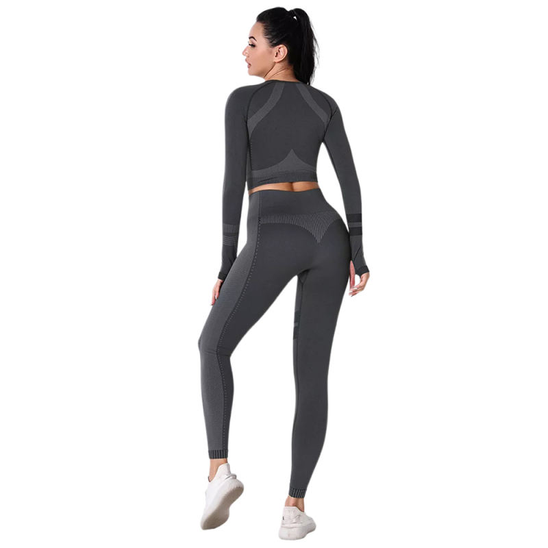 Black Seamless Knit Long Sleeve Pant Yoga Set TQE91372-2