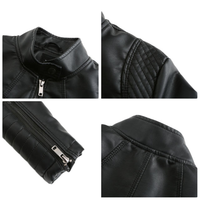 Black Zipper Pockets Long Sleeve PU Leather Jacket TQK280093-2
