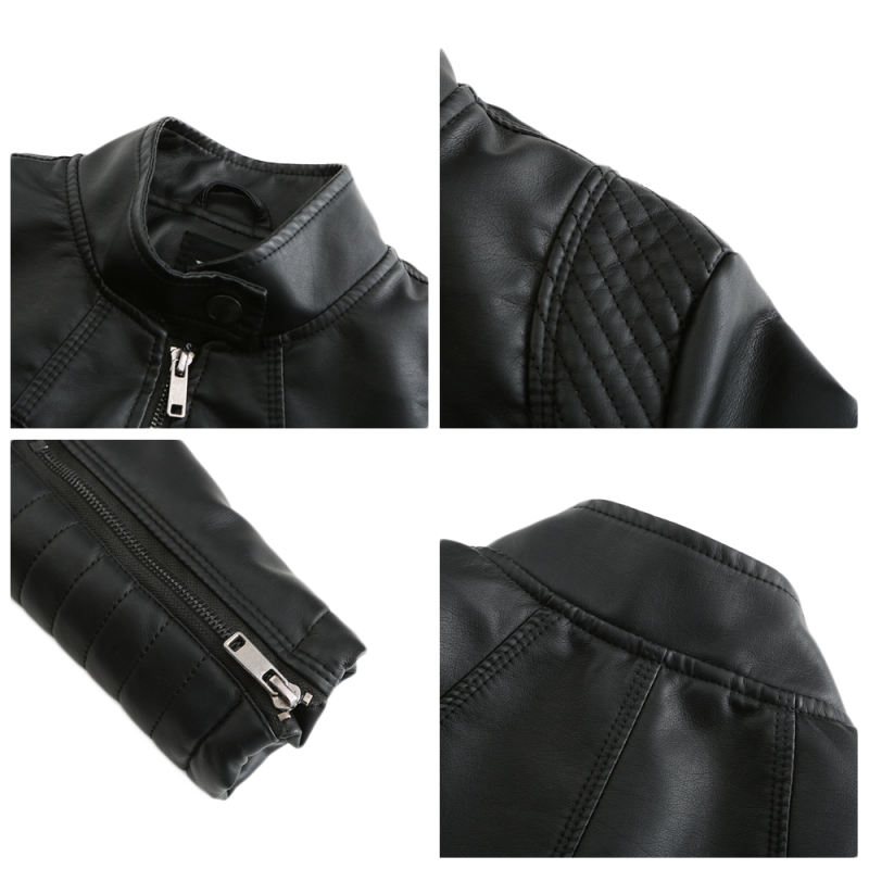 Black Zipper Pockets Long Sleeve PU Leather Jacket TQK280093-2