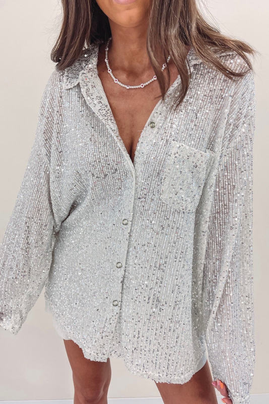 Silver Sequin Pocketed Loose Shirt LC2552723-13