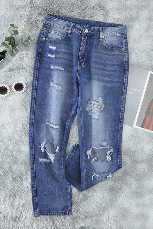 Blue Fading Distressed Holes Crop Jeans LC78064-5