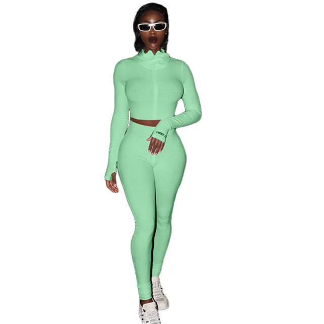 Light Green Cotton Blend Zipper Datail Long Sleeve Top with Pant Set TQK710132-28