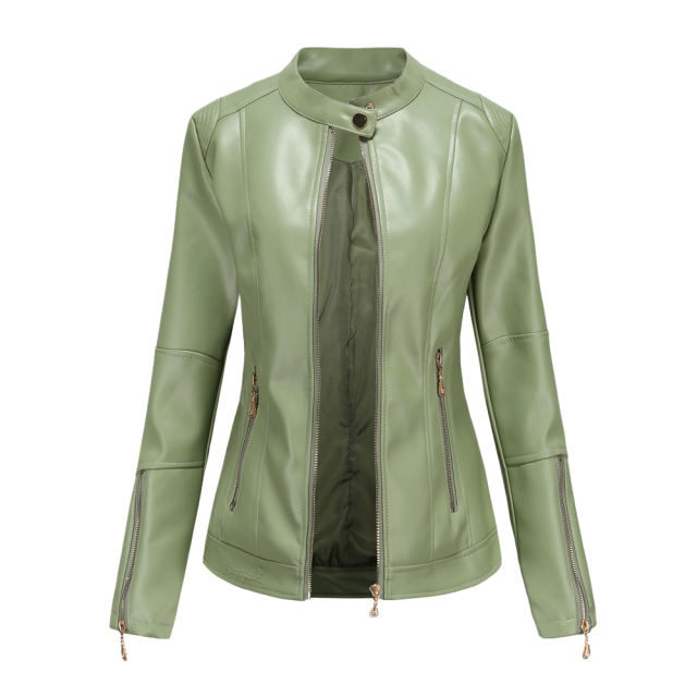 Light Green Stand Collar Zipper Detail PU Leather Jacket TQK280094-28