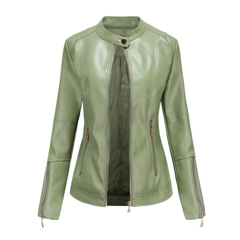 Light Green Stand Collar Zipper Detail PU Leather Jacket TQK280094-28