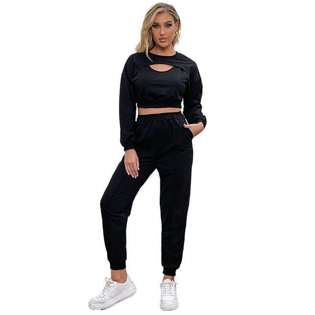 Black Hollow Out Long Sleeve Crop Top with Pant Set TQF711003-2