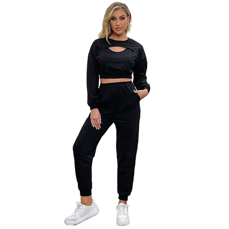 Black Hollow Out Long Sleeve Crop Top with Pant Set TQF711003-2
