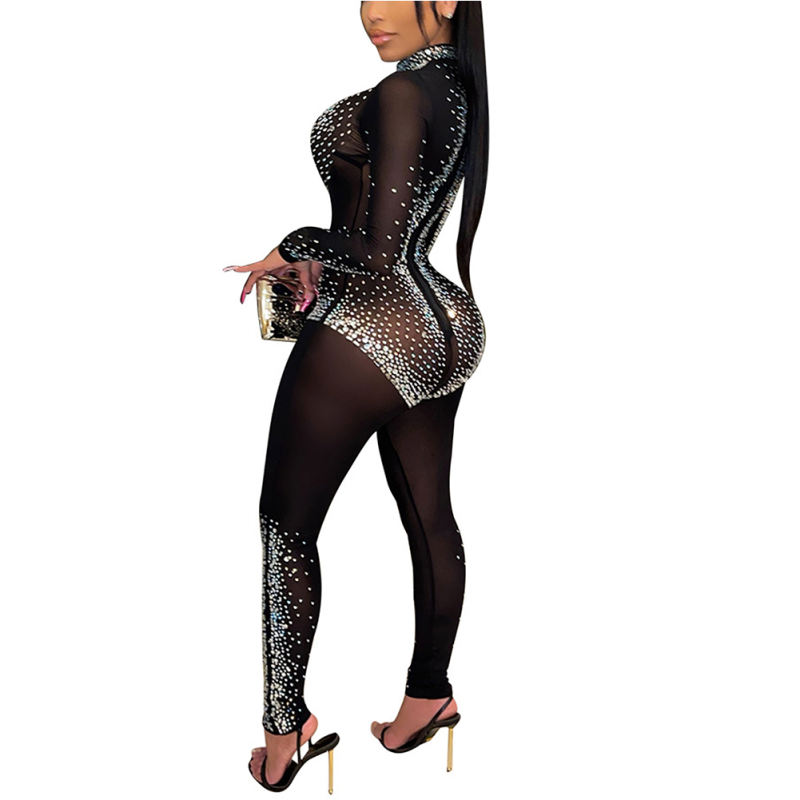Black Mesh Rhinestone Long Sleeve Jumpsuit TQK550274-2