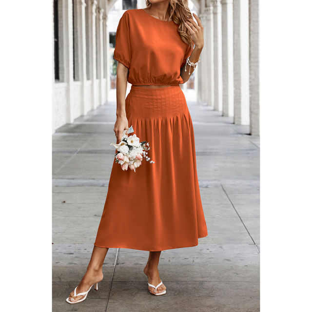 Orange Pleated Crop Top with Skirt Set TQX711094-14