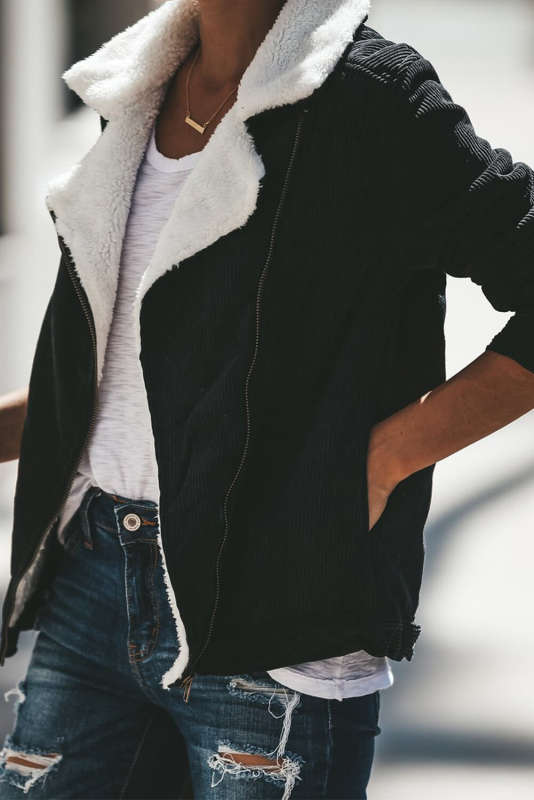 Black Fold Over Collar Zipper Plain Jacket LC85302-2
