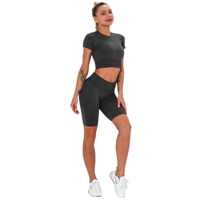 Dark Gray Seamless Short Sleeve Yoga Sports Set TQE00138-26