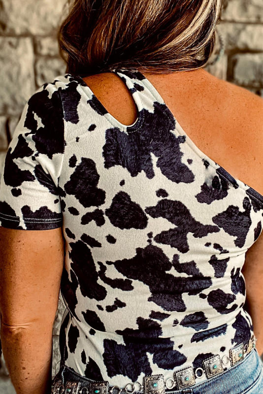 White One Shoulder Cow Print Cut out Short Sleeve Top LC25219189-1