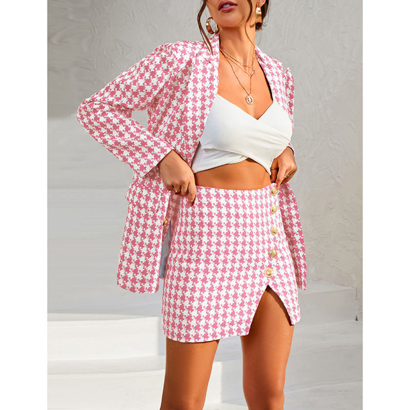Pink Plaid Print Blazer and Button Split Skirt Set TQF711046-10