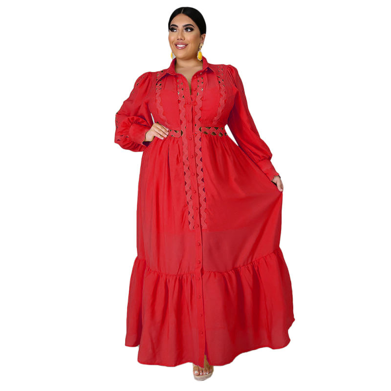 Solid Red Button Down Plus Size Dress TQK310446-3