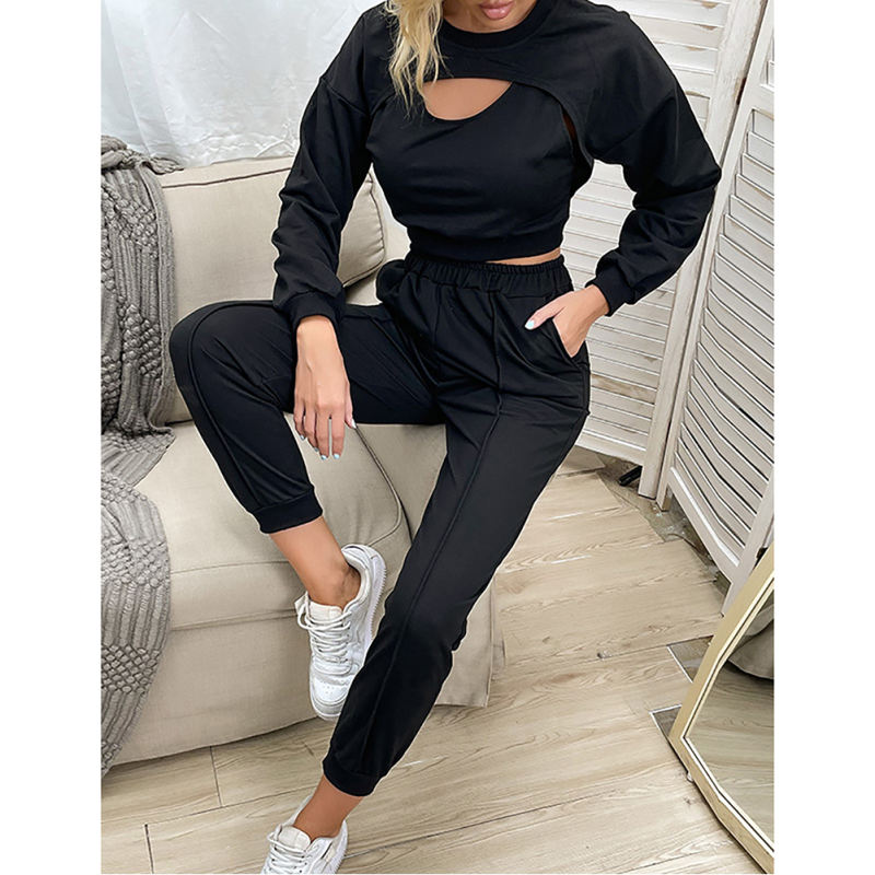 Black Hollow Out Long Sleeve Crop Top with Pant Set TQF711003-2