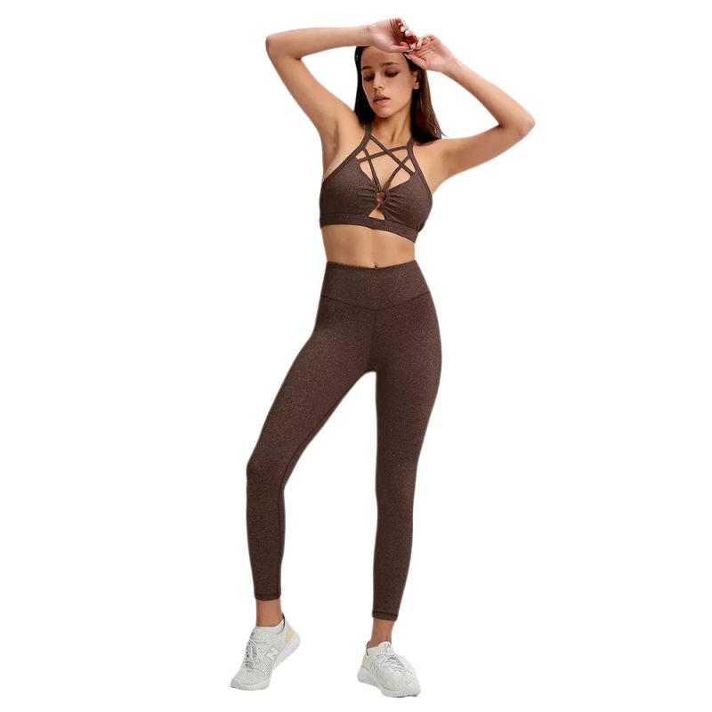 Coffee Front Criss-cross Bra with Pant Yoga Set TQE91346-15