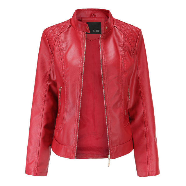 Red Classic Style Stand Collar PU Leather Jacket TQK280092-3