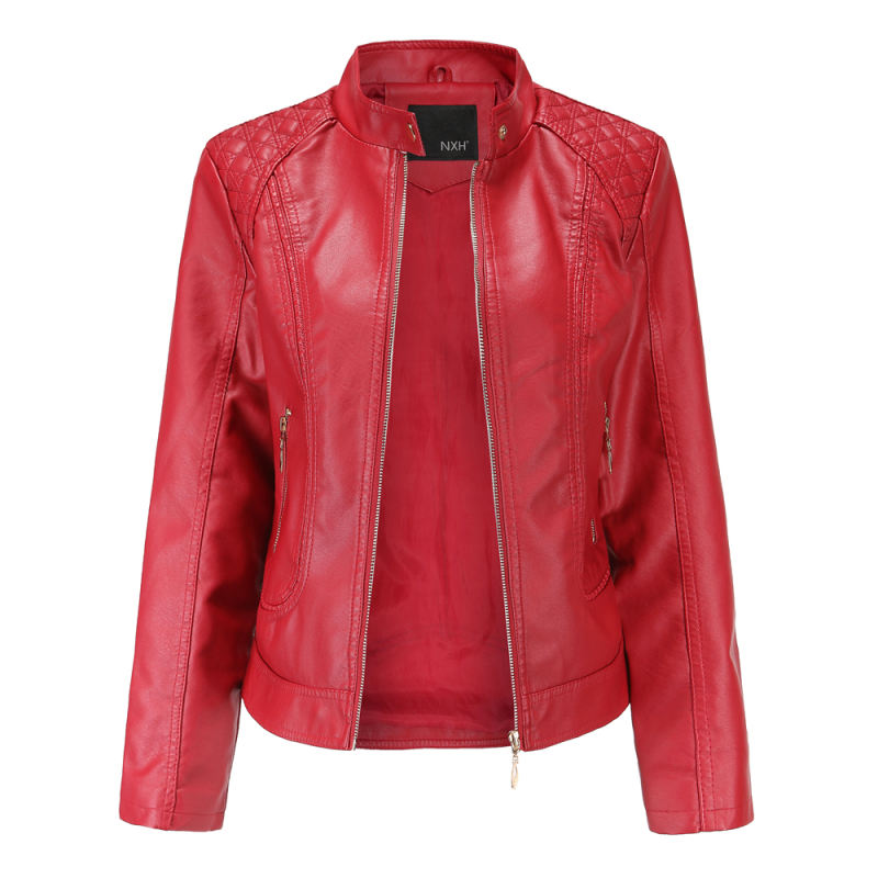 Red Classic Style Stand Collar PU Leather Jacket TQK280092-3