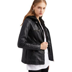 Black Removable Hooded Washed PU Leather Jacket TQK280096-2