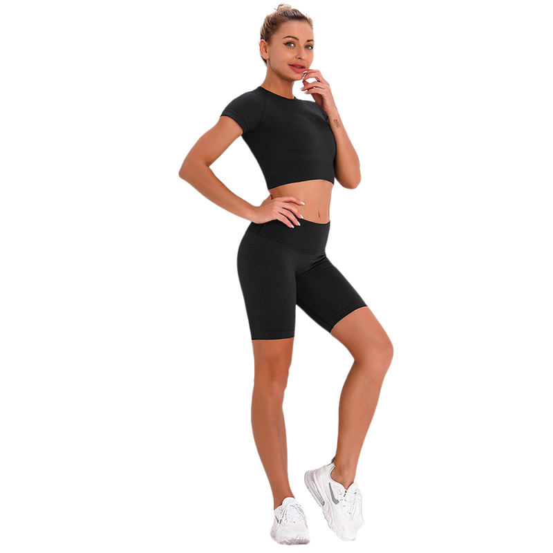 Black Seamless Short Sleeve Yoga Sports Set TQE00138-2