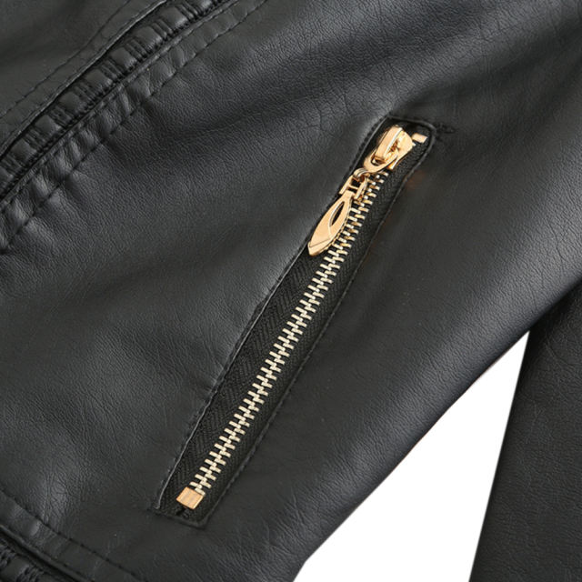 Black Classic Style Stand Collar PU Leather Jacket TQK280092-2
