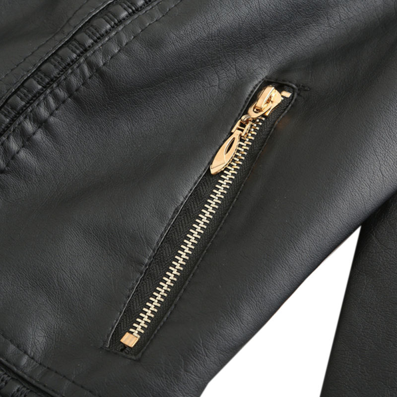 Black Classic Style Stand Collar PU Leather Jacket TQK280092-2