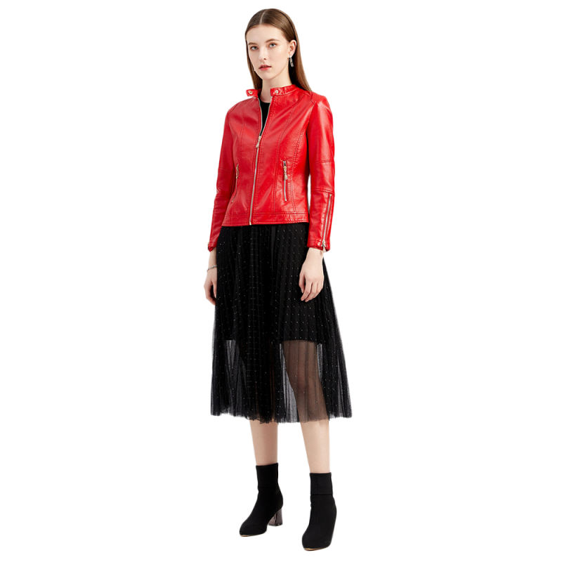 Red Stand Collar Zipper Detail PU Leather Jacket TQK280094-3