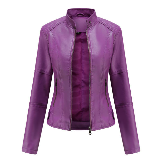 Purple Slim Fit Stand Collar PU Motorcycle Jacket TQK280091-8