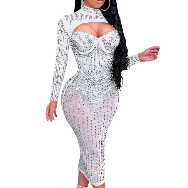 White Mesh Rhinestone Beading Padded Long Sleeve Dress TQK311127-1
