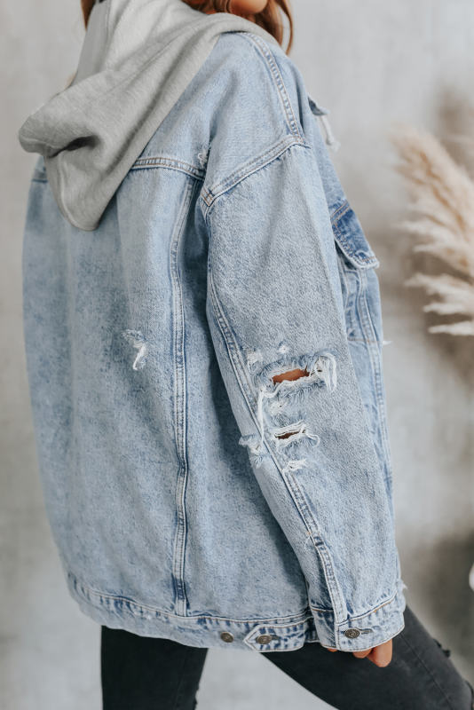 Sky Blue Button Closure Ripped Hooded Denim Jacket LC788143-4